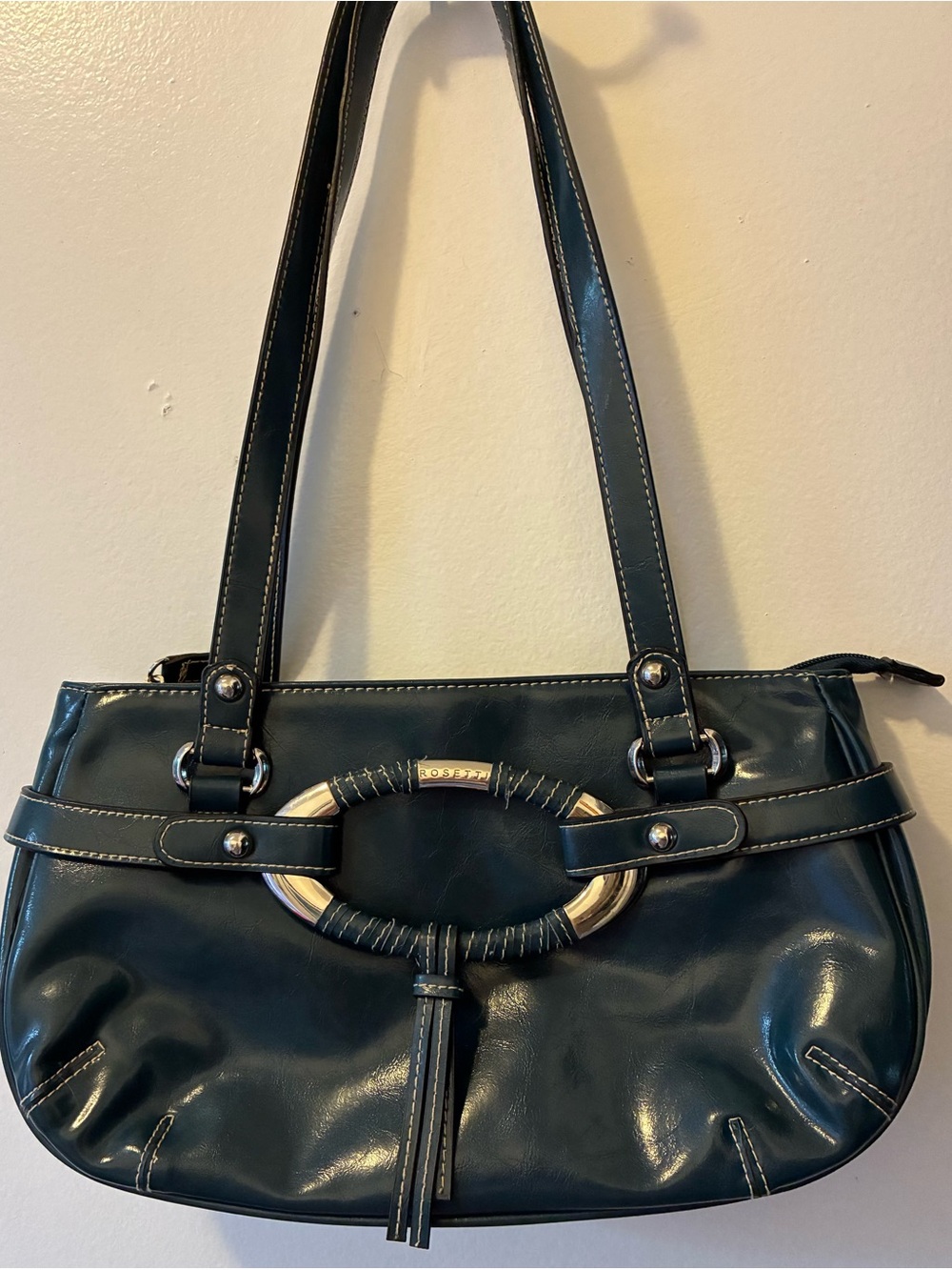 Vintage Rosetti Dark Teal Shoulder Bag with Silver Ring Accent